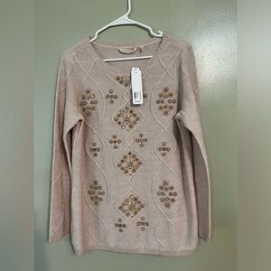 Soft Surroundings Beige Womens Wool Blend Sequined Knit Pullover Sweater M NWT